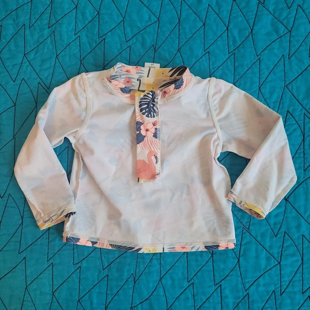 RuffleButts Rash Guard Swim Top 2T Flamingo Tropical Floral Long‎ Sleeve UPF